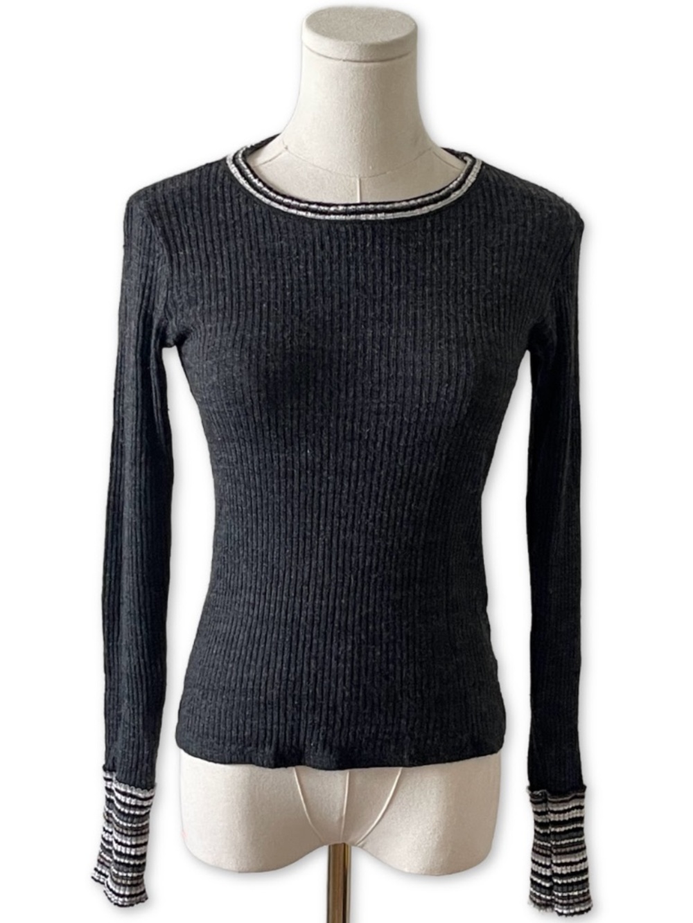 PROJECT SOCIAL T Ribbed Stripe Collar and Cuff Long Sleeve Top in Charcoal